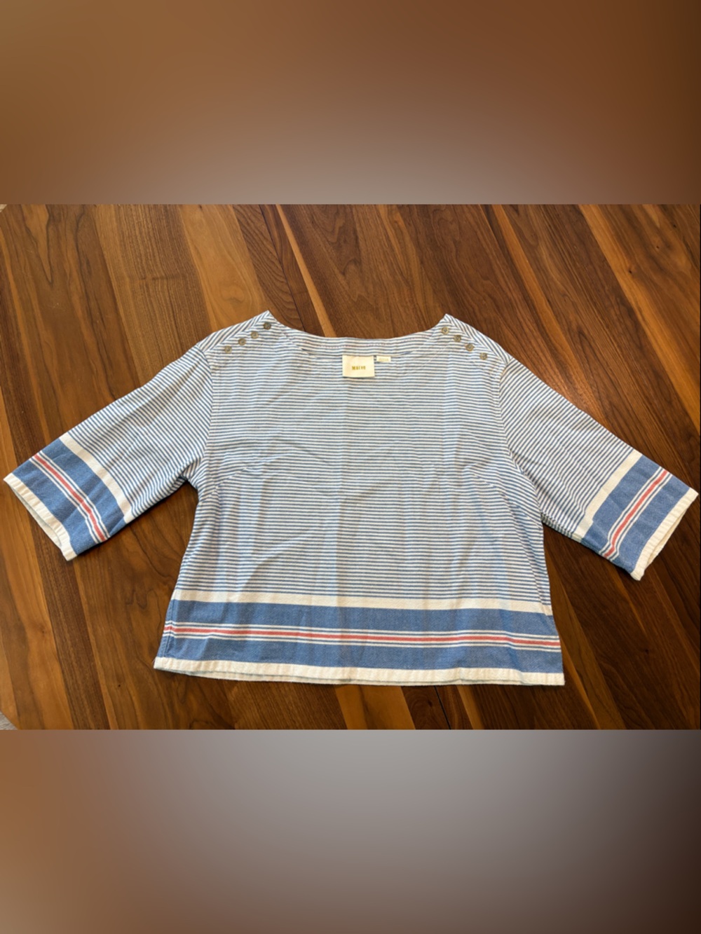 Maeve Blue & White Striped Boatneck Crop Top with Red Accents